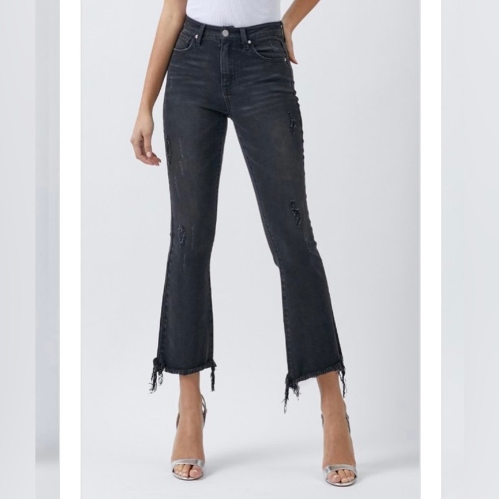 Risen Wide Ankle Flare Jeans Black 38”x28” Mid Rise‎ Distressed Raw Hem Stretch